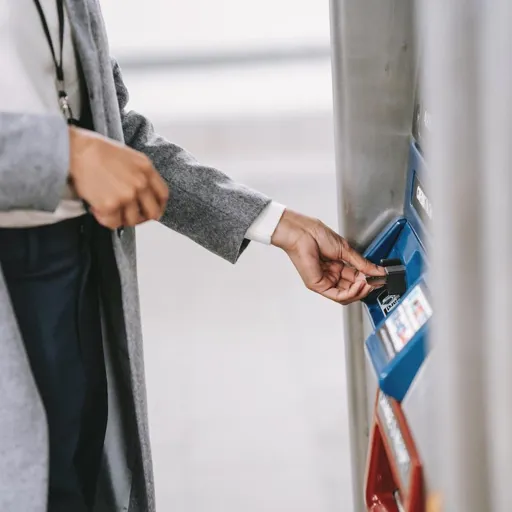 Woman holding a card and using an ATM
