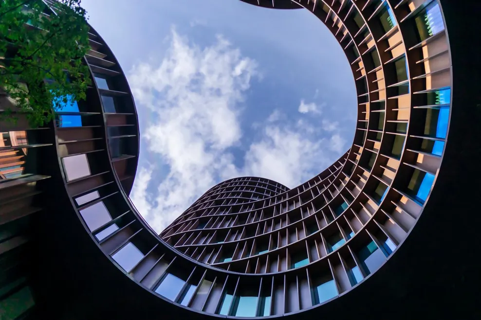 Copenhagen, Denmark; Septiembre 7 2019: Axel Towers - five circular towers are located near Central Station opposite Tivoli Gardens without right angles in Copenhagen.